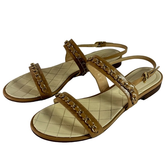CHANEL Quilted Tan Leather & Gold Chain Strappy Sandals Marked as 37.5 - 7.5US - Picture 4 of 12